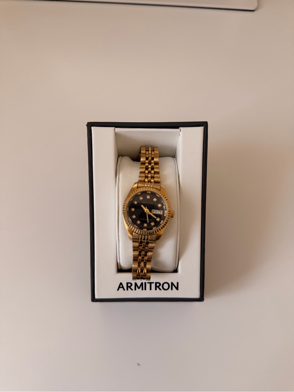 Armitron Womens GoldTone Black Dial Bracelet Watch With DayDate